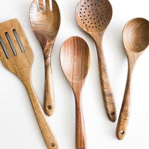 Acacia wood kitchen utensil set, full 5-piece set