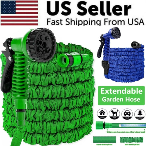 Expandable flexible garden hose with spray nozzle, coiled