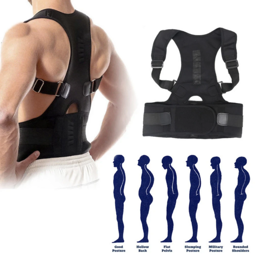 Posture corrector brace worn on back, side view