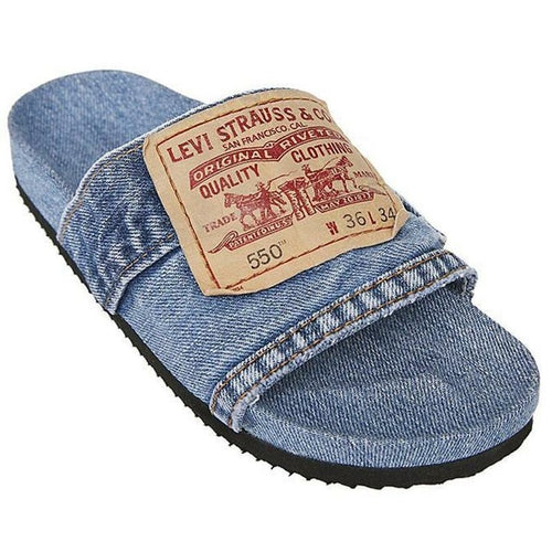 Denim round toe flat slide sandal, front view
