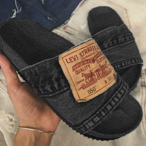 Denim flat slide sandal, top view