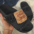 Denim flat slide sandal styled outfit photo