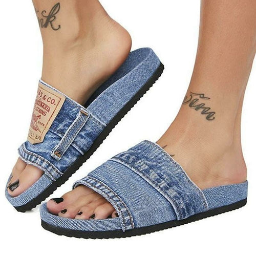 Denim flat slide sandal, side view