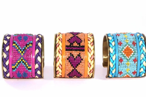Beaded cuff bangle, blue black orange tribal pattern