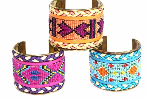 Beaded cuff bangle, orange yellow black tribal pattern