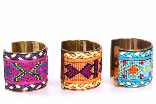Beaded cuff bangle, white purple blue tribal pattern