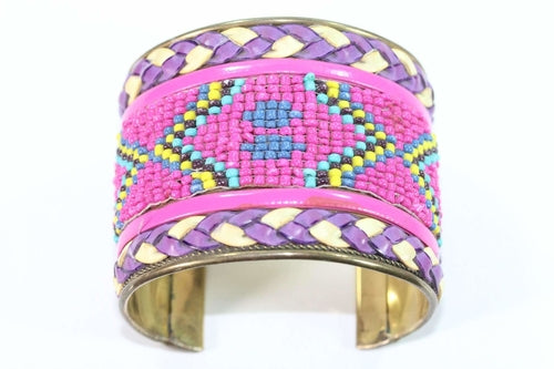 Beaded cuff bangle red blue orange pattern