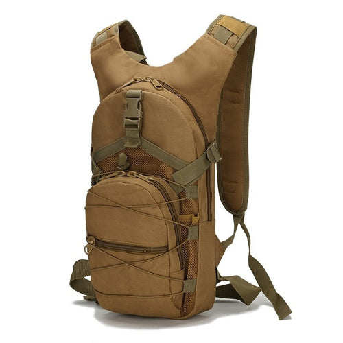 Tactical backpack worn on back, hiking