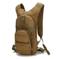 Tactical backpack worn on back, hiking