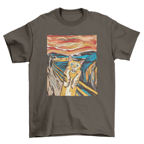 The Scream parody cat t-shirt, dark chocolate colorway