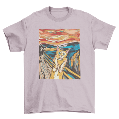 The Scream parody cat t-shirt, light pink colorway
