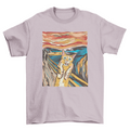 The Scream parody cat t-shirt, light pink graphic close-up