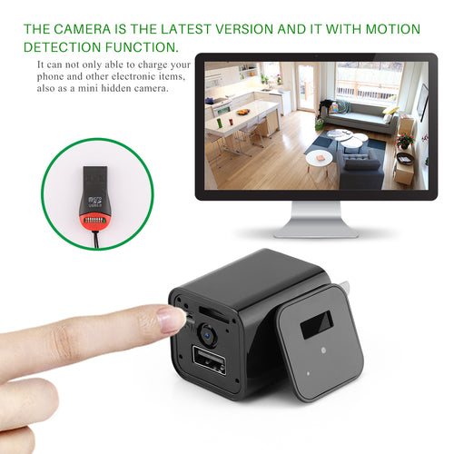 Hidden camera USB charger in use, plugged in