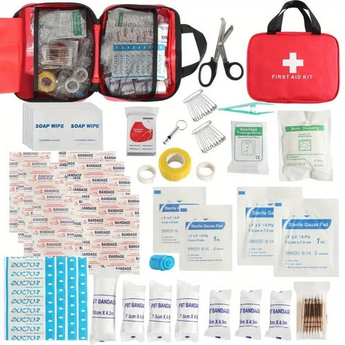 First aid kit contents laid out